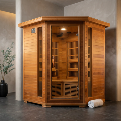 4-Person Cedar Corner Infrared Sauna with 10 Carbon Heaters