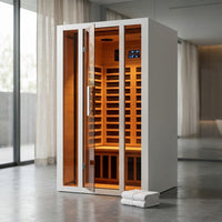 2 Person Extendable FAR Infrared Sauna for Home, Hemlock Wood Low EMF 6 Carbon Heaters Indoor Saunas with LED Lights, Bluetooth Speaker, Digital Control Panel, and Seating Bench — Studio Shot